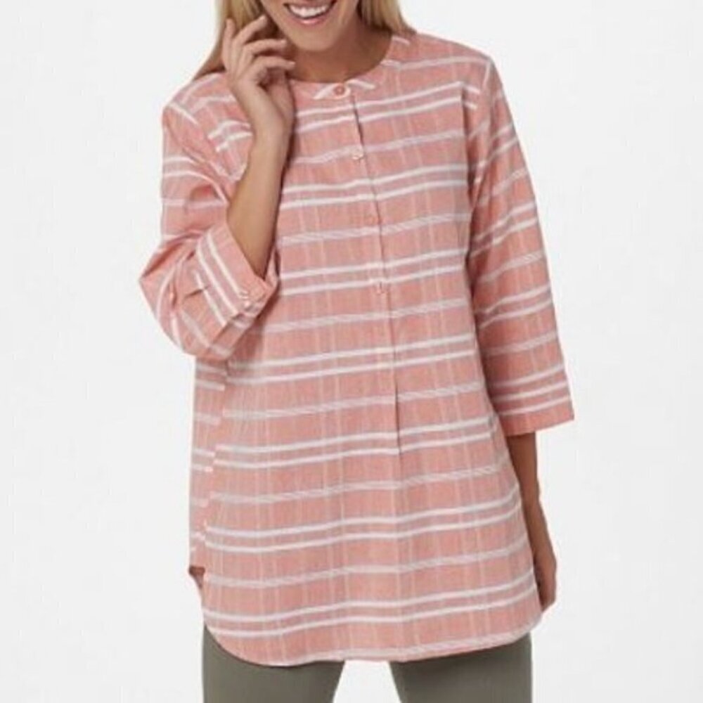 Joan Rivers Coral Pink Windowpane Cotton Tunic Top